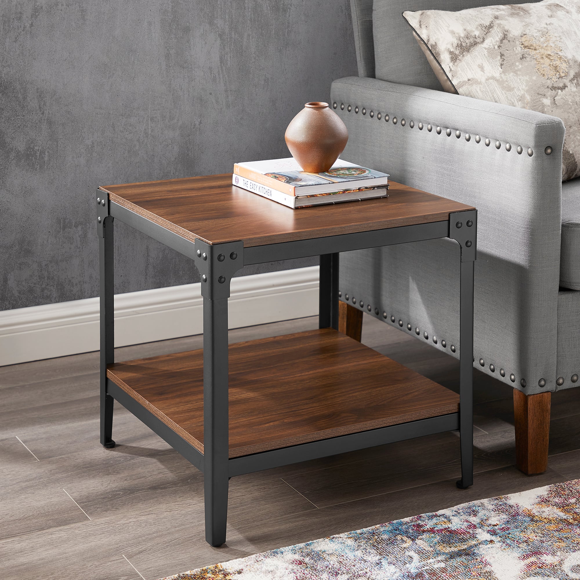 Walker Edison Dark Walnut Angle Iron Rustic Wood Side Table Set